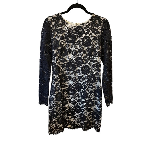 Theory Galician Marique Black Floral Lace White Bodice Long Sleeve Mini Dress -8 - Picture 3 of 10